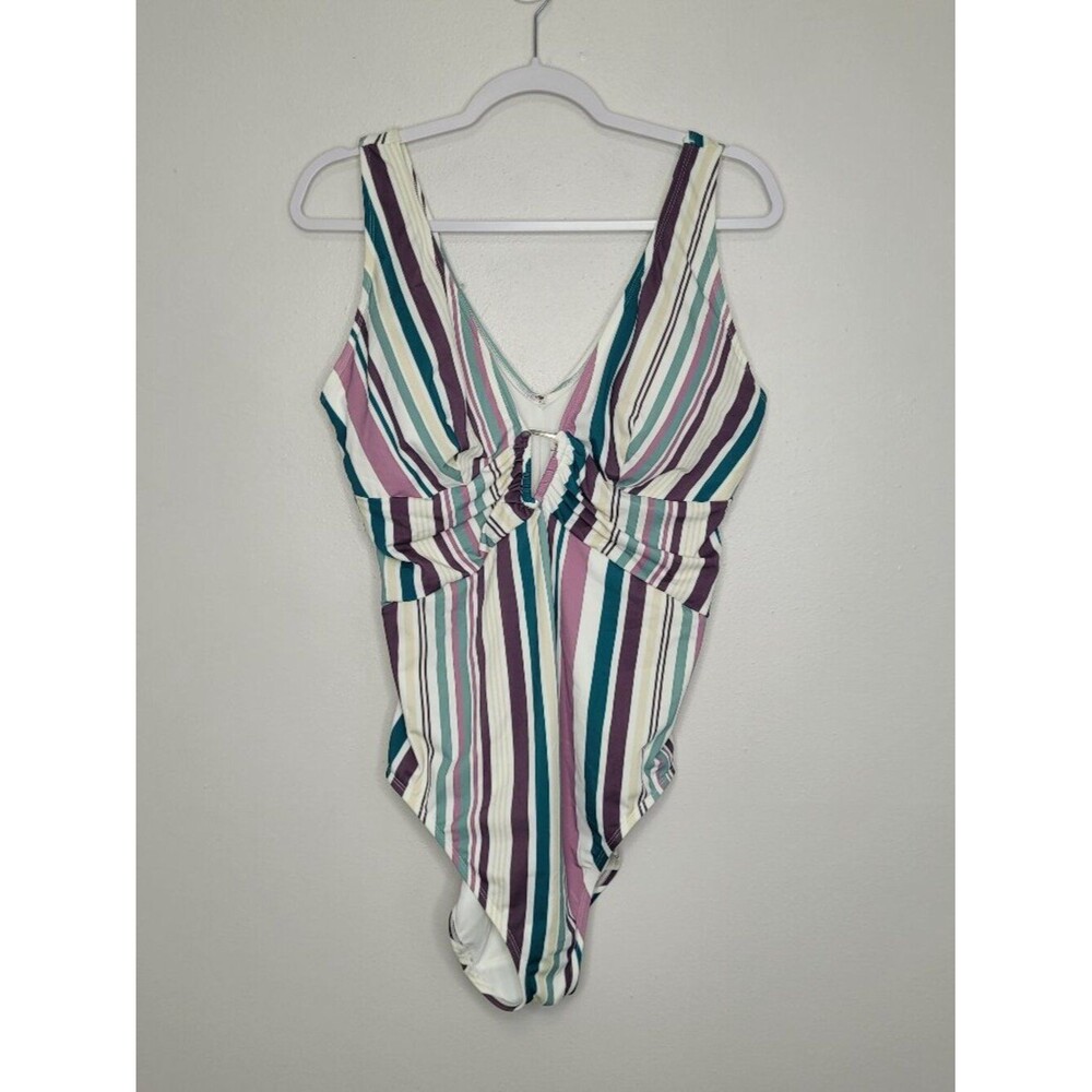 Adore Me white purple teal striped plus size one piece beachy swimsuit NWT 2x